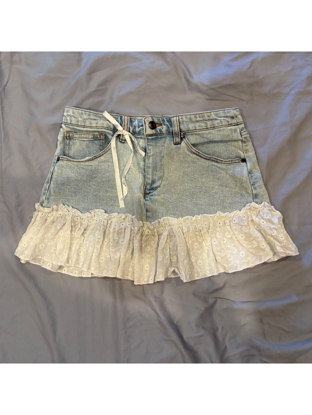 Sweet Society White Eyelet Ruffle Denim Mini Skirt Bow Coquette Y2K Size S/M